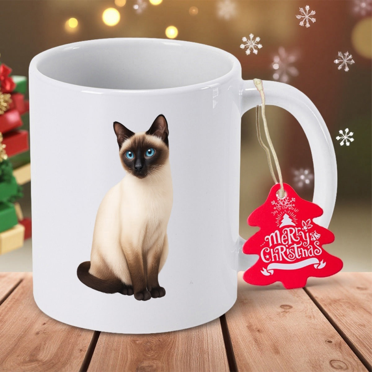Tailorly White Ceramic 11 oz Mug - Merry Christmas Elegant Siamese Sitting Upright With Piercing Blue Eyes Cat