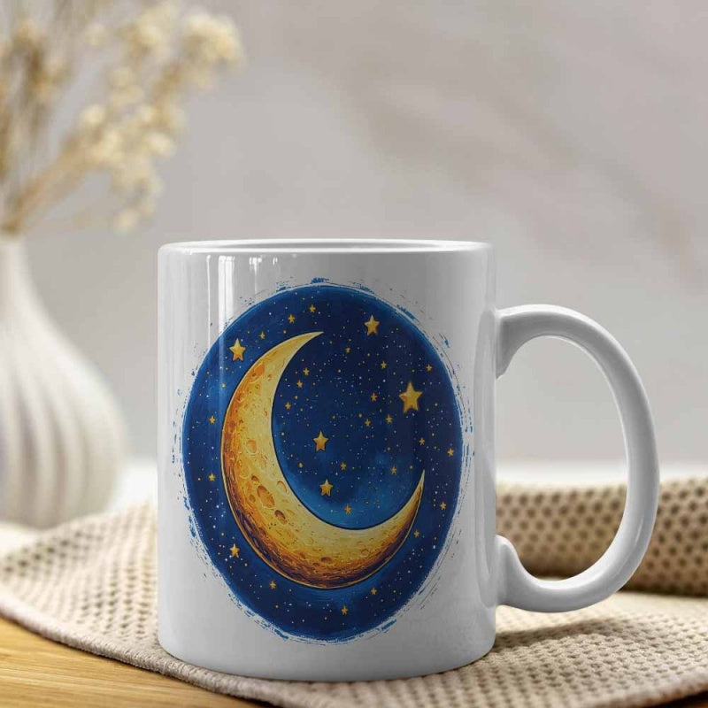 Tailorly White Ceramic 11 oz Mug - Golden Crescent Moon Glowing Within A Starry Night Sky Moon