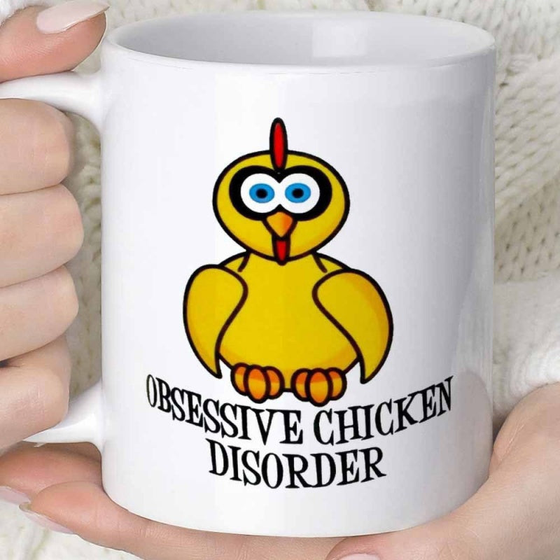 Tailorly White Ceramic 11 oz Mug - Obsessive Chicken Disorder Vibrant Yellow Bird With Wide Staring Eyes And Red Comb Chicken