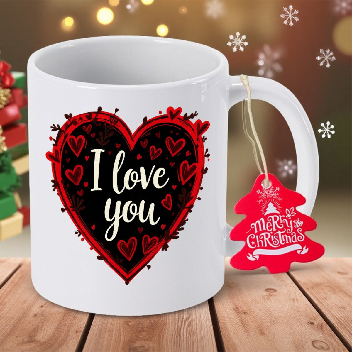 Tailorly White Ceramic 11 oz Mug - I Love You Large Red And Black Heart With Many Smaller Decorative Floating Hearts Heart