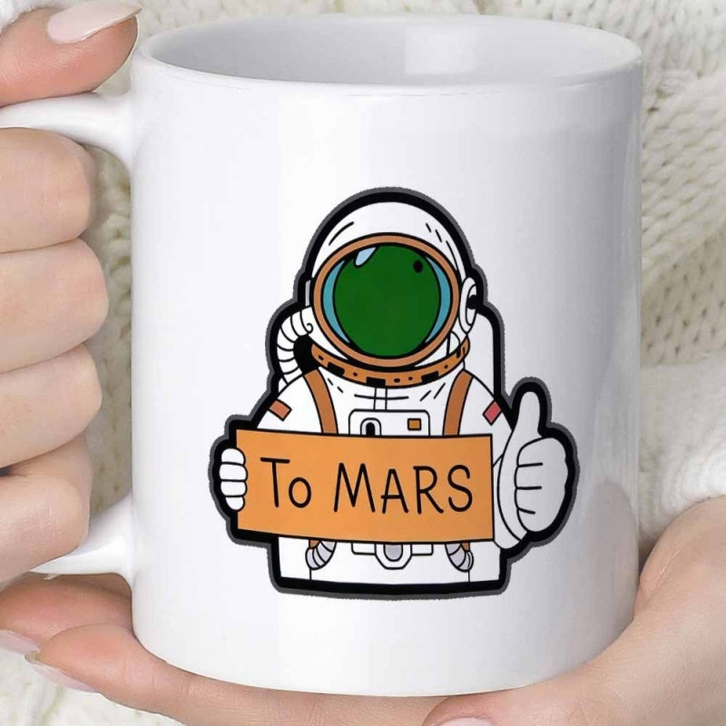 Tailorly White Ceramic 11 oz Mug - To Mars Cute Cartoon Space Traveler Holding Orange Sign While Giving Thumbs Up Astronaut