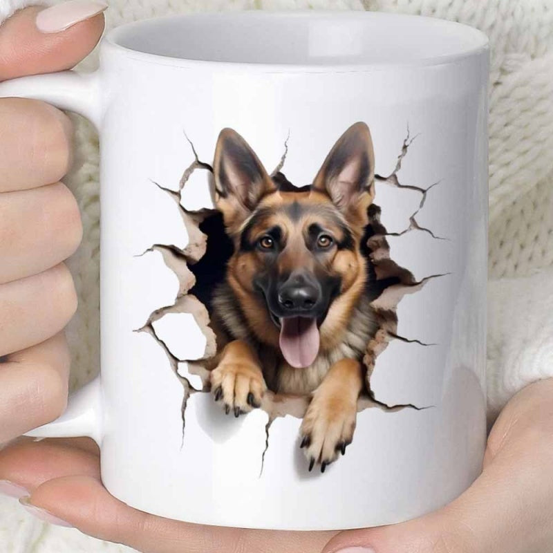 Tailorly White Ceramic 11 oz Mug - Loyal German Shepherd Breaking Through Realistic White Cracked Textured Surface Dog