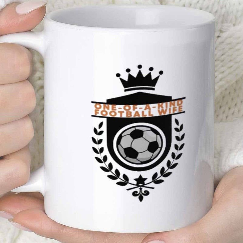 Tailorly White Ceramic 11 oz Mug - One Of A Kind Football Wife Majestic Royal Crest Featuring Laurel Wreaths Surrounding A Classic Sporty Soccer Ball