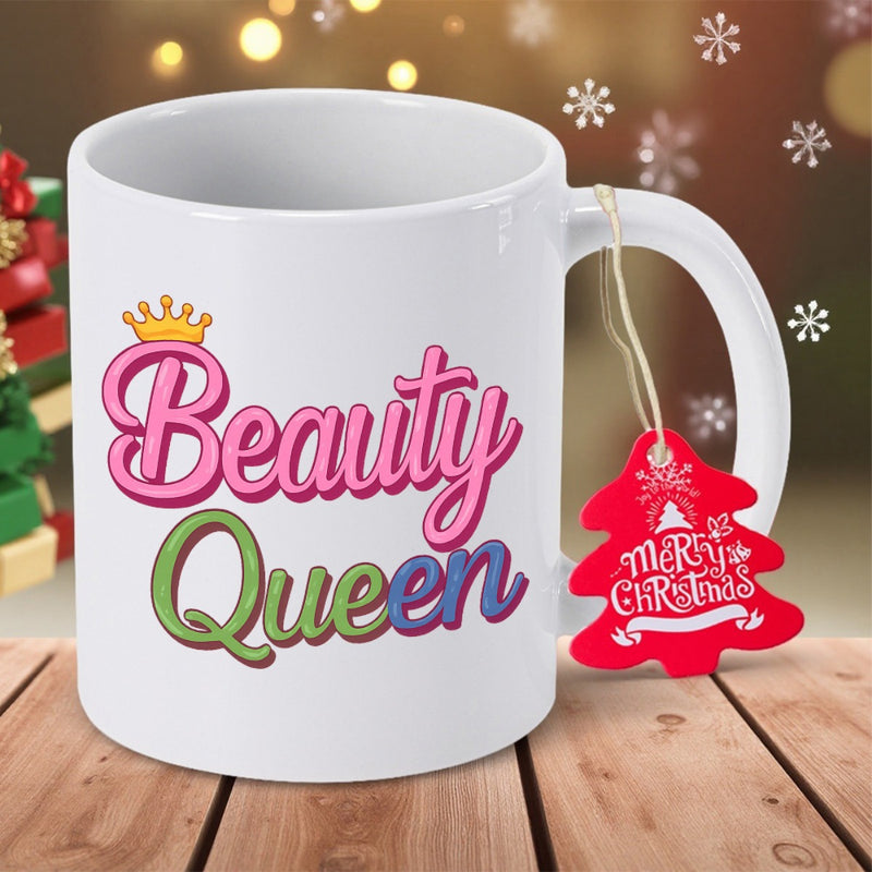 Tailorly White Ceramic 11 oz Mug - Beauty Queen Merry Christmas White Polished Surface With Vibrant Artistic Lettering Under A Tiny Crown Mug