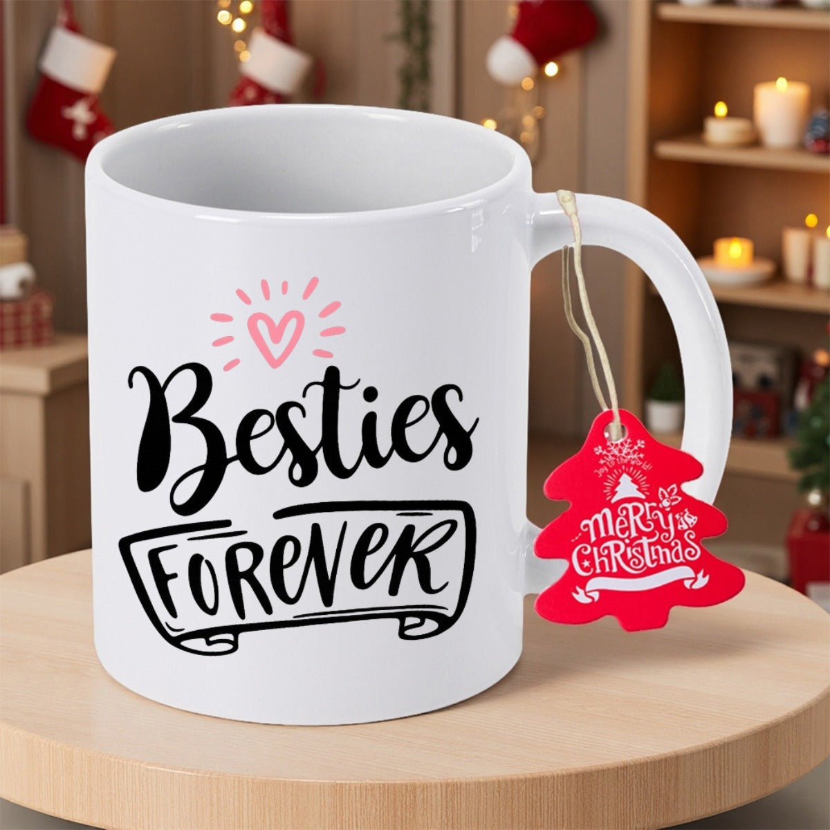 Tailorly White Ceramic 11 oz Mug - Besties Forever Merry Christmas Minimalist Pink Heart With Radiating Lines And Decorative Black Banner Mug