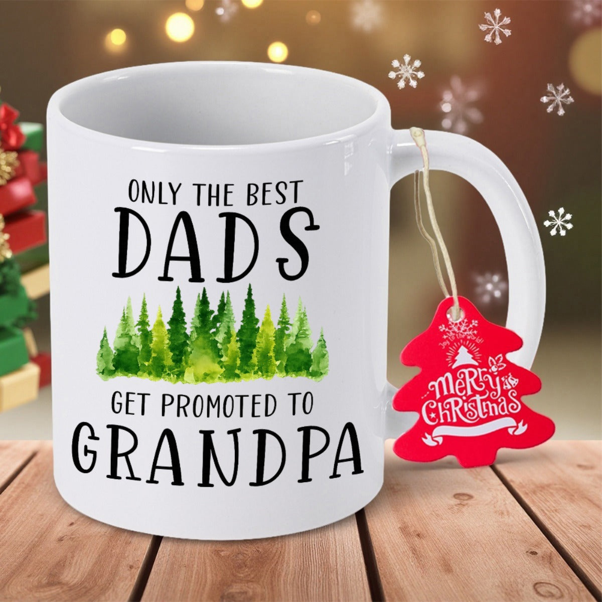 Tailorly White Ceramic 11 oz Mug - Only The Best Dads Get Promoted To Grandpa Vibrant Green Watercolor Evergreen Pine Trees Standing In A Row Forest