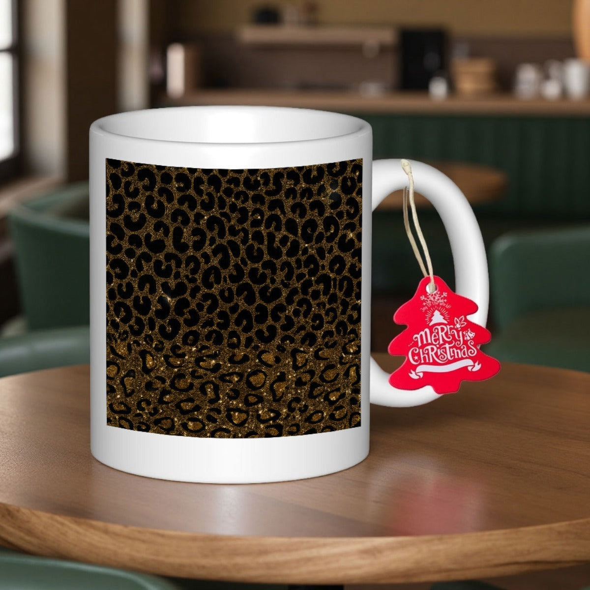 Tailorly White Ceramic 11 oz Mug - Merry Christmas Wild Leopard Print Pattern With Golden Textures On Elegant