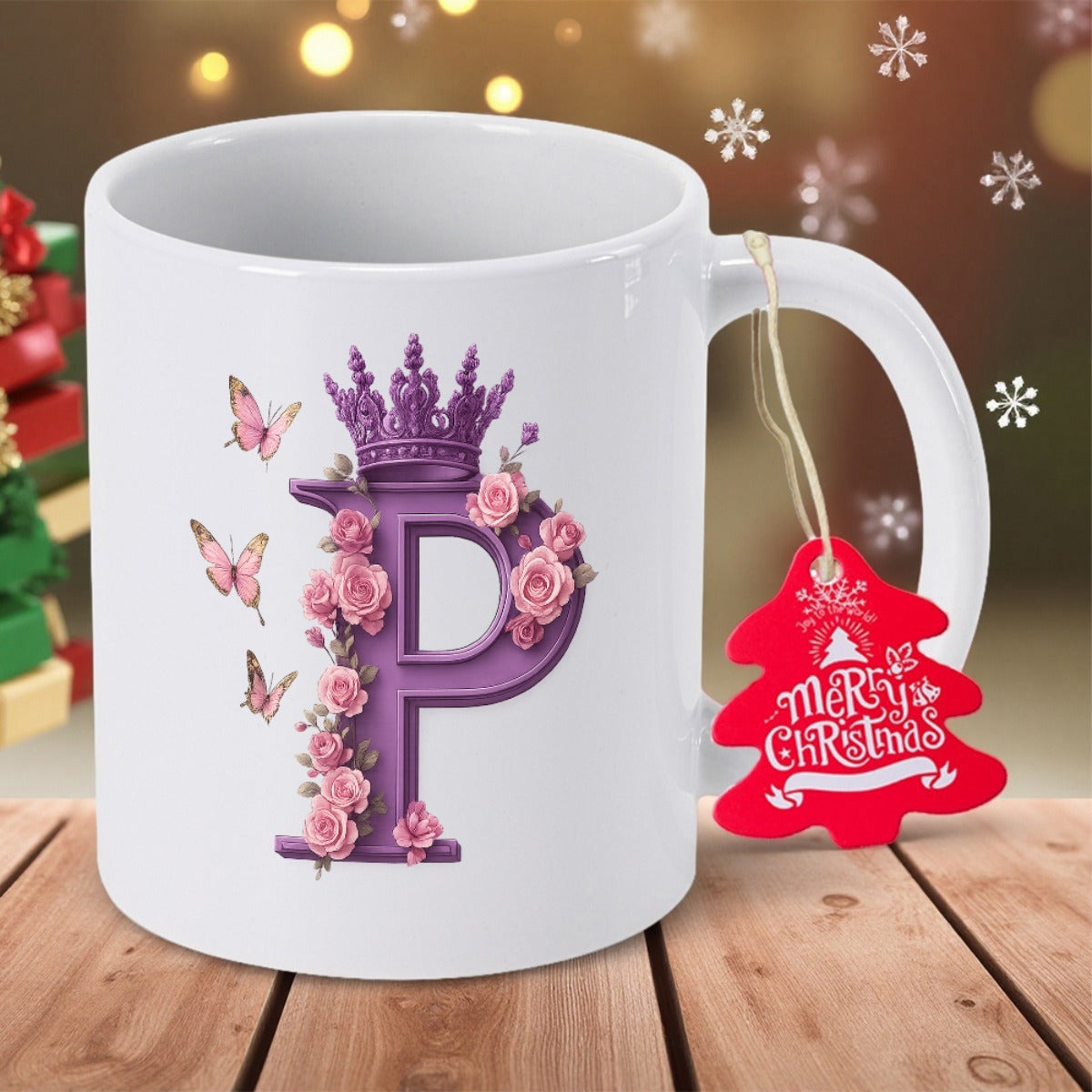 Tailorly White Ceramic 11 oz Mug - Merry Christmas Elegant Purple Monogram Adorned With Pink Roses Butterflies And Royal Crown Letter