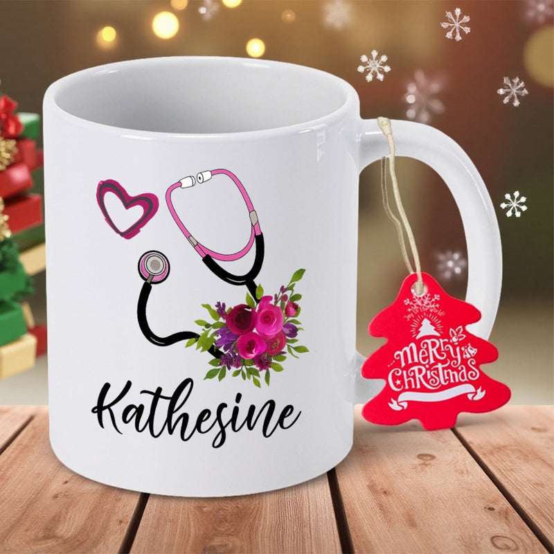Tailorly White Ceramic 11 oz Mug - Kathering Pink Heart And Medical Stethoscope Decorated With Elegant Purple Floral Blooms Stethoscope