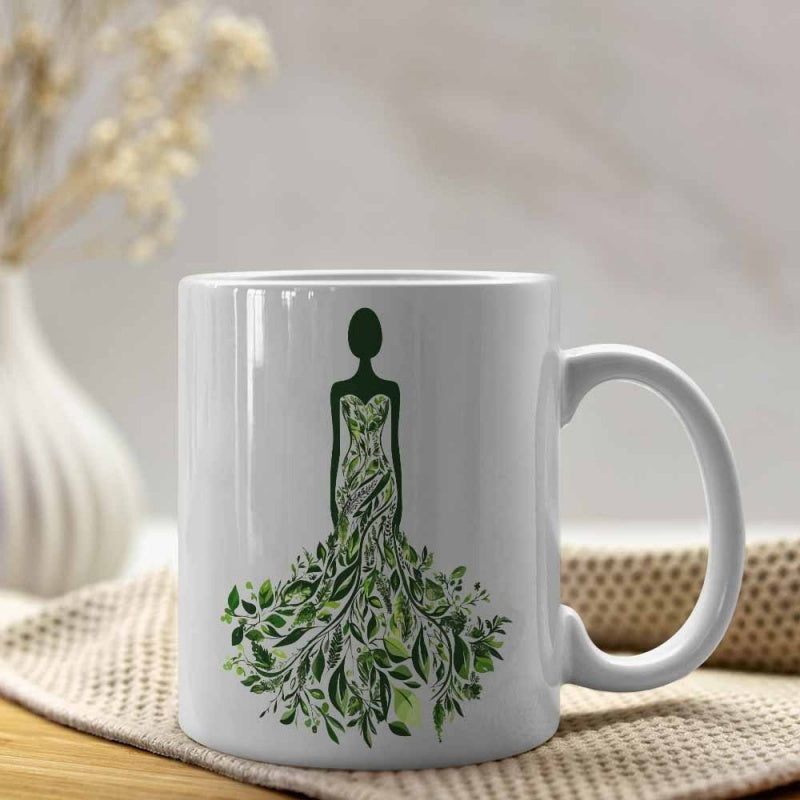 Tailorly White Ceramic 11 oz Mug - Elegant Silhouette Wearing A Gown Made Of Lush Green Forest Leaves Woman