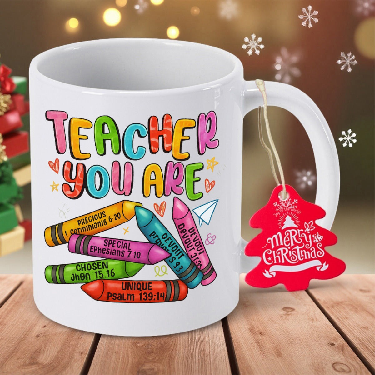 Tailorly White Ceramic 11 oz Mug - Teacher You Are Vibrant Colorful School Supplies With Decorative Hearts And Small Paper Airplane Crayon