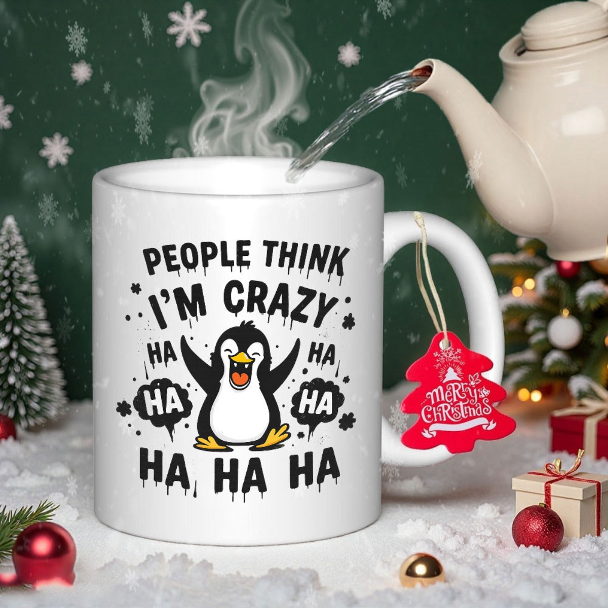 Tailorly White Ceramic 11 oz Mug - People Think I'm Crazy Ha Ha Ha Adorable Cartoon Penguin Laughing With Joy Among Snowflakes And Festive Decorations Penguin