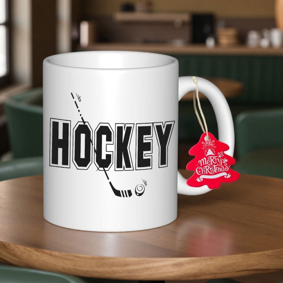 Tailorly White Ceramic 11 oz Mug - Hockey Minimalist Stylized Stick And Puck With Bold Athletic Lettering Mug