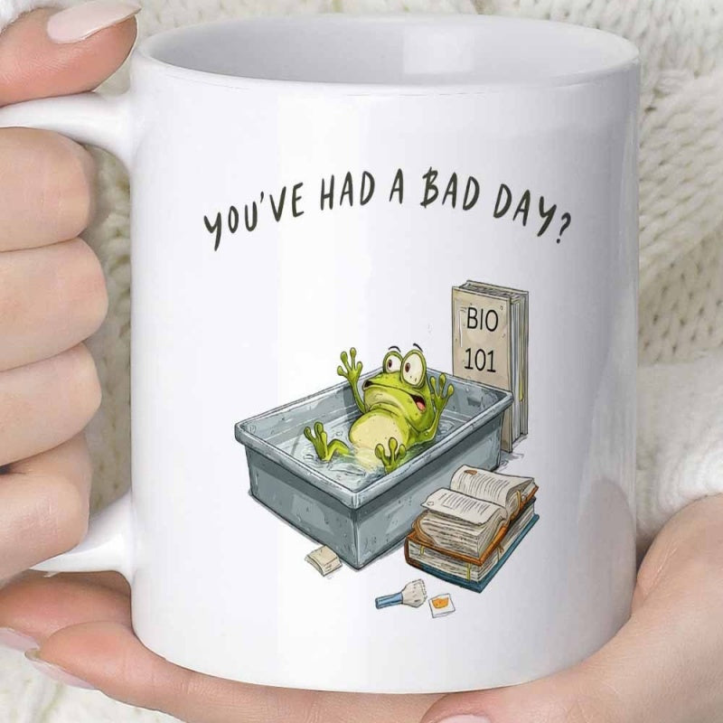 Tailorly White Ceramic 11 oz Mug - Youve Had A Bad Day Grumpy Green Frog Resting In Science Lab Tray Near Biology Books Frog