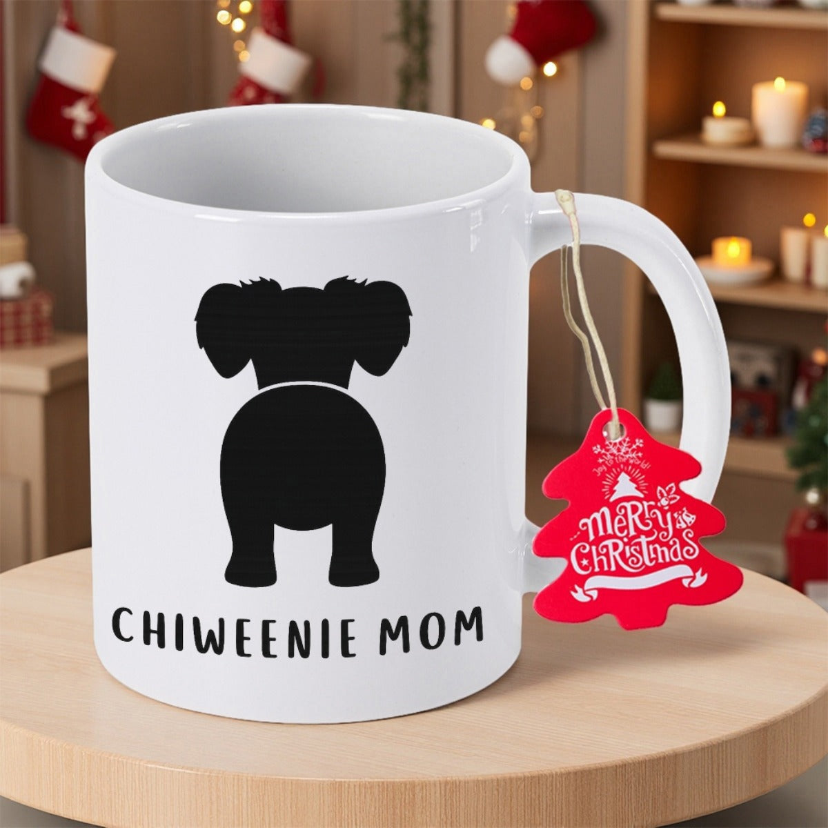 Tailorly White Ceramic 11 oz Mug - Chiweenie Mom Simple Black Minimalist Dog Silhouette In Sitting Pose Dog