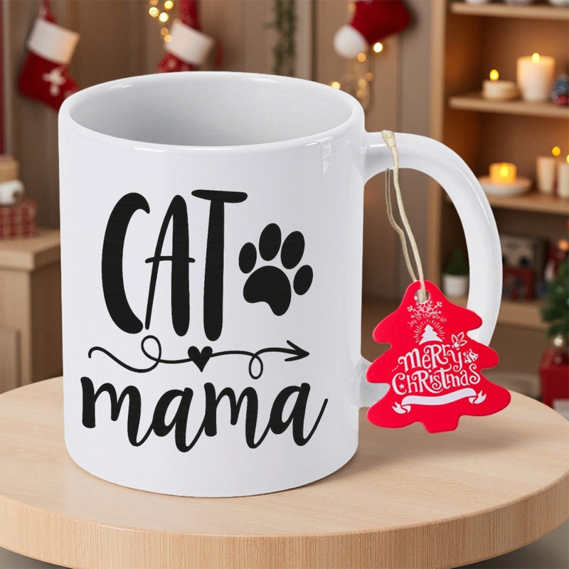 Tailorly White Ceramic 11 oz Mug - Cat Mama Minimalist Black Ink Paw Print And Heart Arrow Mug