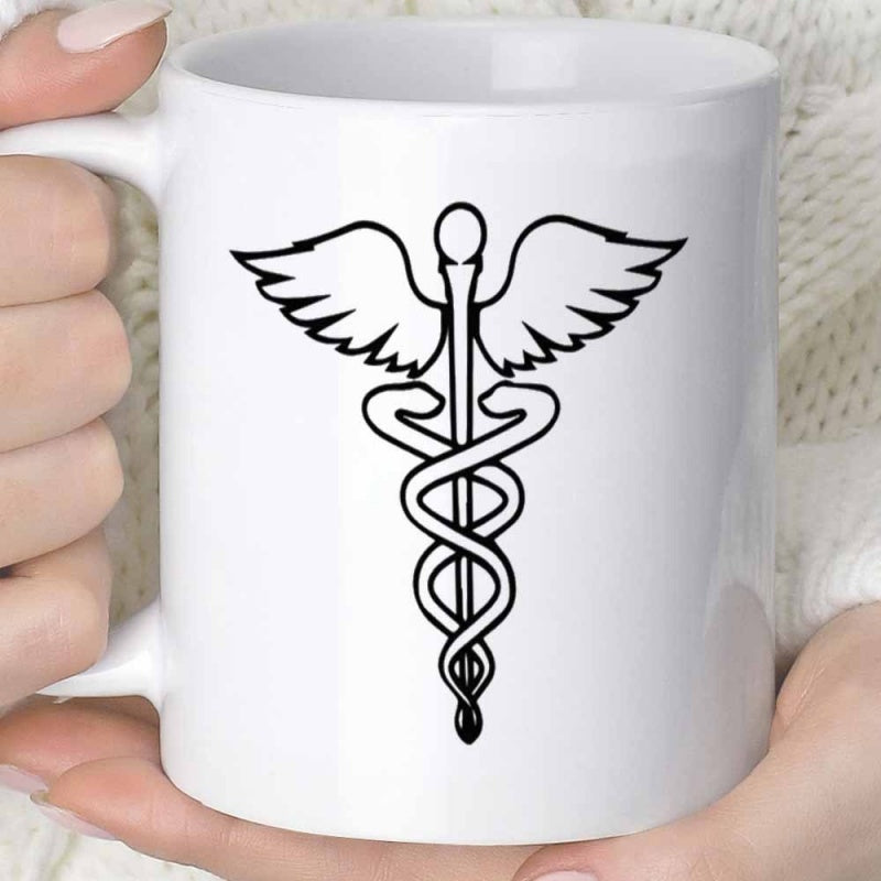 Tailorly White Ceramic 11 oz Mug - Intricate Black Outlined Medical Symbol Featuring Symmetrical Wings And Twining Snakes Caduceus