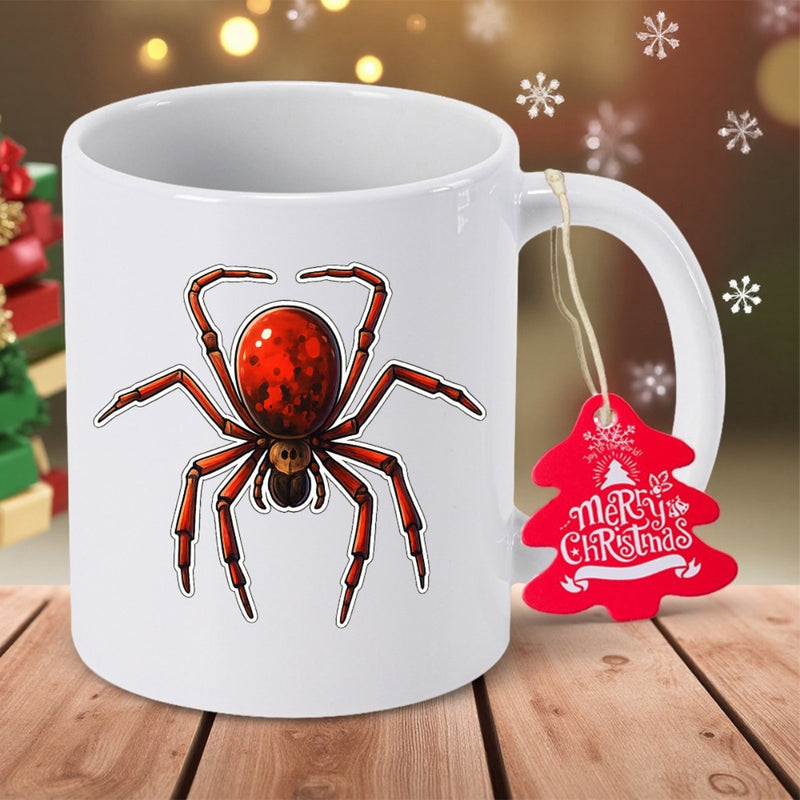 Tailorly White Ceramic 11 oz Mug - Merry Christmas Detailed Dark Red Bodied Arachnid Crawling With Eight Long Segmented Legs Spider