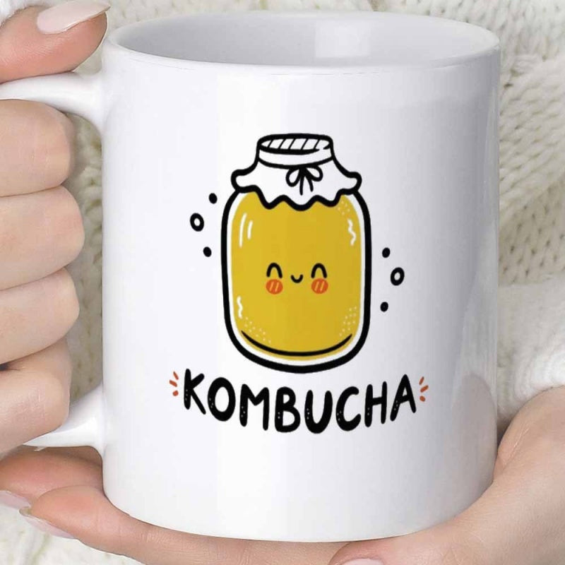 Tailorly White Ceramic 11 oz Mug - Kombucha Charming Happy Fermented Tea Jar With Bubbles Under Cloth Lid Jar