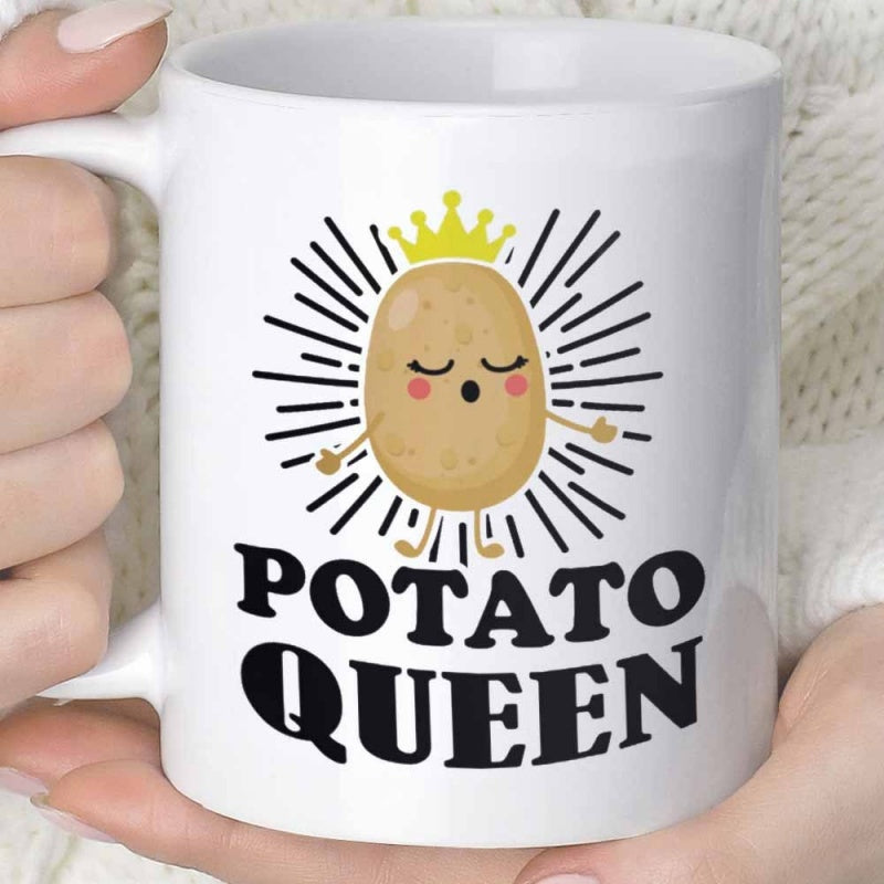 Tailorly White Ceramic 11 oz Mug - Potato Queen Cute Cartoon Character Wearing Golden Crown With Radiating Lines Potato