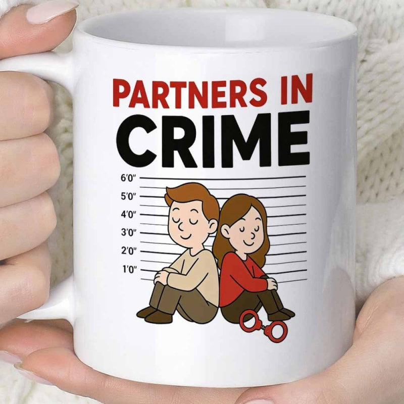 Tailorly White Ceramic 11 oz Mug - Partners In Crime Cartoon Couple Sitting Back To Back Against Police Height Chart Couple