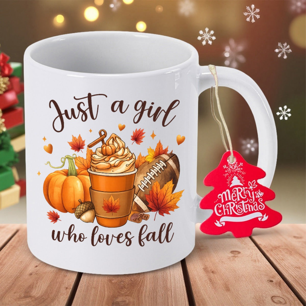 Tailorly White Ceramic 11 oz Mug - Just A Girl Who Loves Fall Vibrant Autumn Harvest With Topped Coffee And American Football Pumpkin