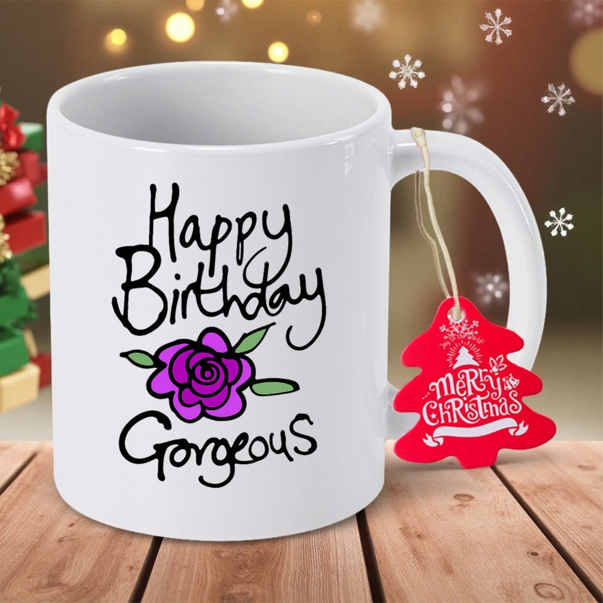 Tailorly White Ceramic 11 oz Mug - Happy Birthday Gorgeous Hand Drawn Purple Rose Blooming With Green Leaves Under Artistic Handwritten Script Rose