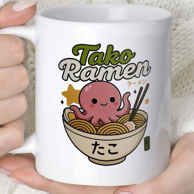 Tailorly White Ceramic 11 oz Mug - Tako Ramen Adorable Pink Octopus Sitting Inside Steaming Bowl Of Japanese Noodle Octopus