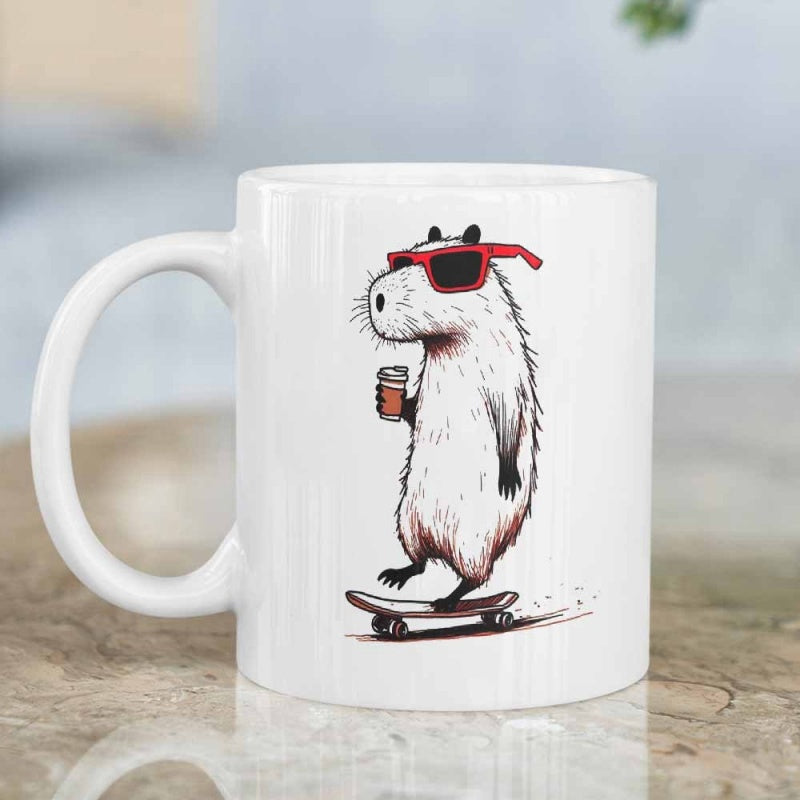 Tailorly White Ceramic 11 oz Mug - Cool Character Wearing Red Sunglasses Riding A Skateboard Holding Hot Coffee Capybara