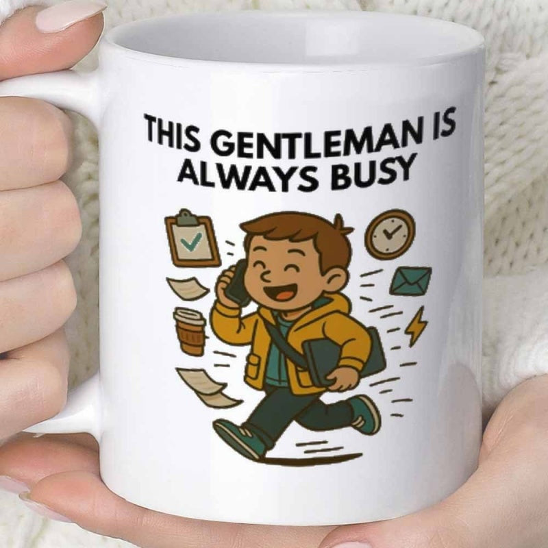 Tailorly White Ceramic 11 oz Mug - This Gentleman Is Always Busy Cheerful Young Professional Walking With Laptop Under Floating Business Icons Man