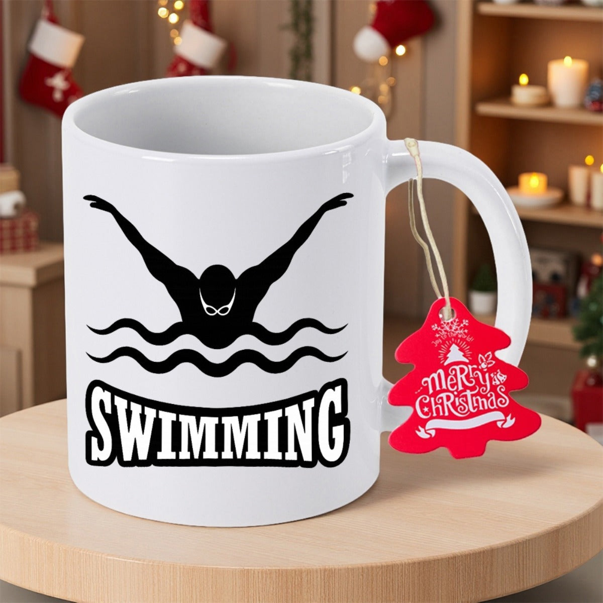 Tailorly White Ceramic 11 oz Mug - Swimming Athletic Silhouette Rising From Water Waves While Performing Butterfly Stroke Style Swimmer
