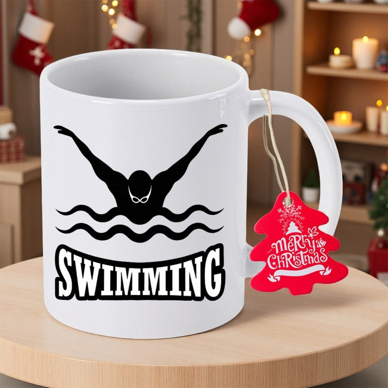 Tailorly White Ceramic 11 oz Mug - Swimming Athletic Silhouette Rising From Water Waves While Performing Butterfly Stroke Style Swimmer