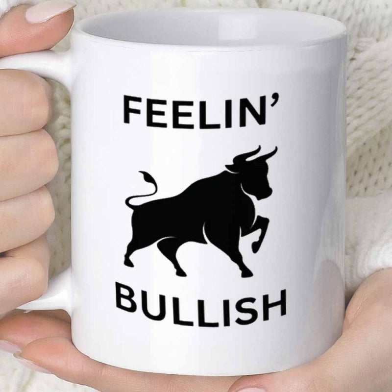 Tailorly White Ceramic 11 oz Mug - Feelin Bullish Powerful Black Silhouette Of A Charging Strong Animal Among Minimalist Space Bull