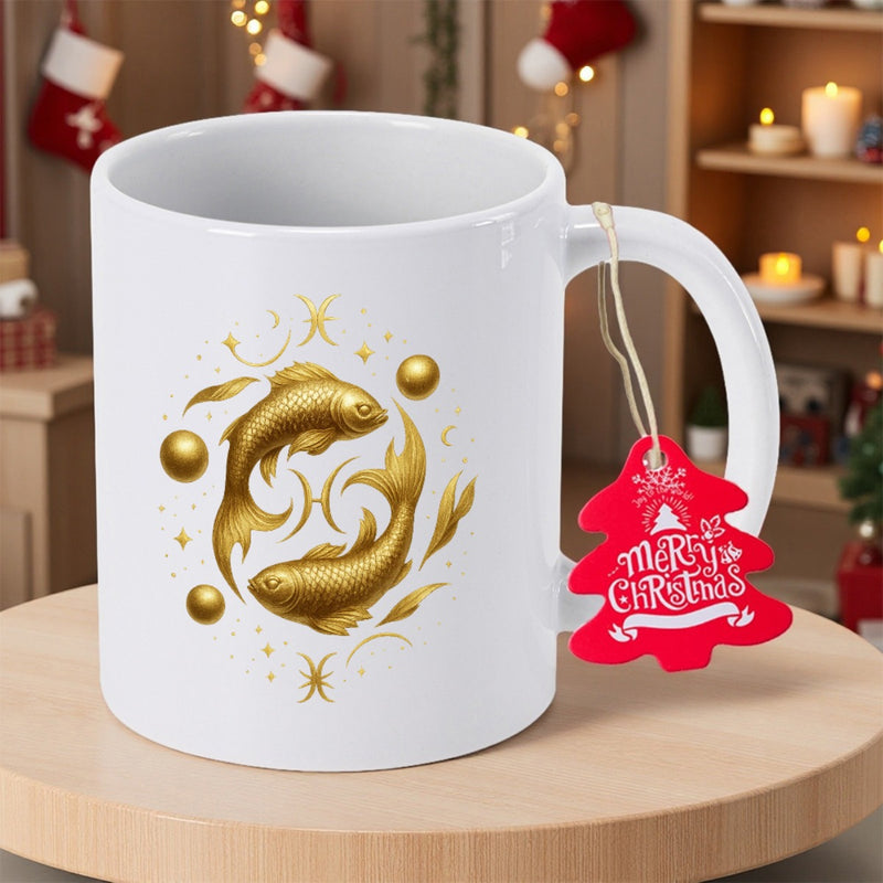 Tailorly White Ceramic 11 oz Mug - Merry Christmas Elegant Golden Pisces Zodiac Fish Swimming Among Sparkling Celestial Orbs And Symbols Fish