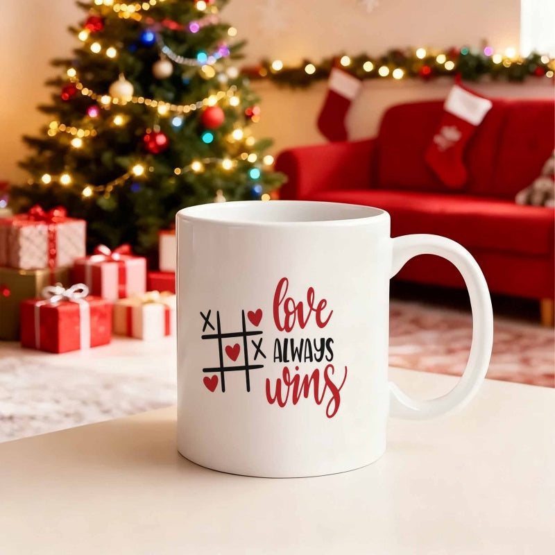 Tailorly White Ceramic 11 oz Mug - Love Always Wins Romantic Tic Tac Toe Game Pattern With Red Hearts And Elegant Script Heart