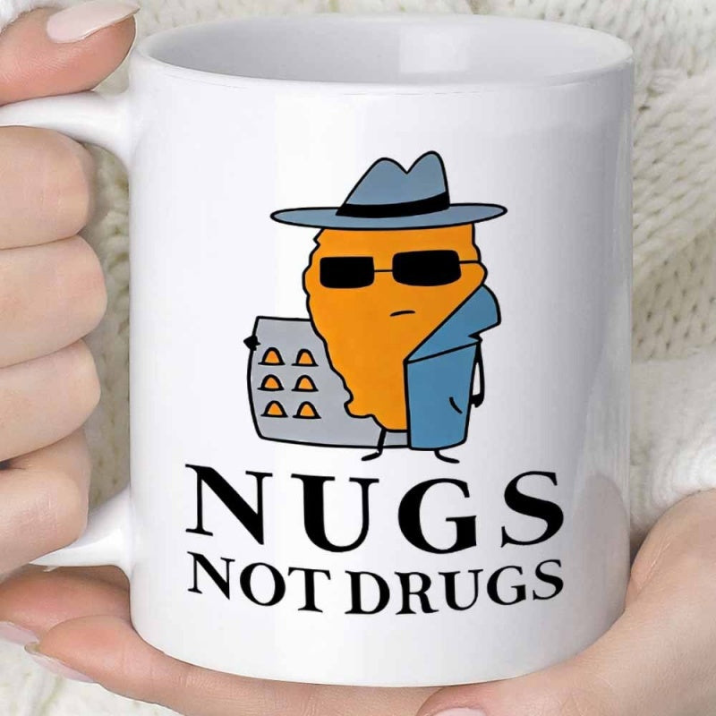 Tailorly White Ceramic 11 oz Mug - Nugs Not Drugs Funny Cartoon Chicken Nugget Wearing A Fedora And Cool Sunglasses Nugget
