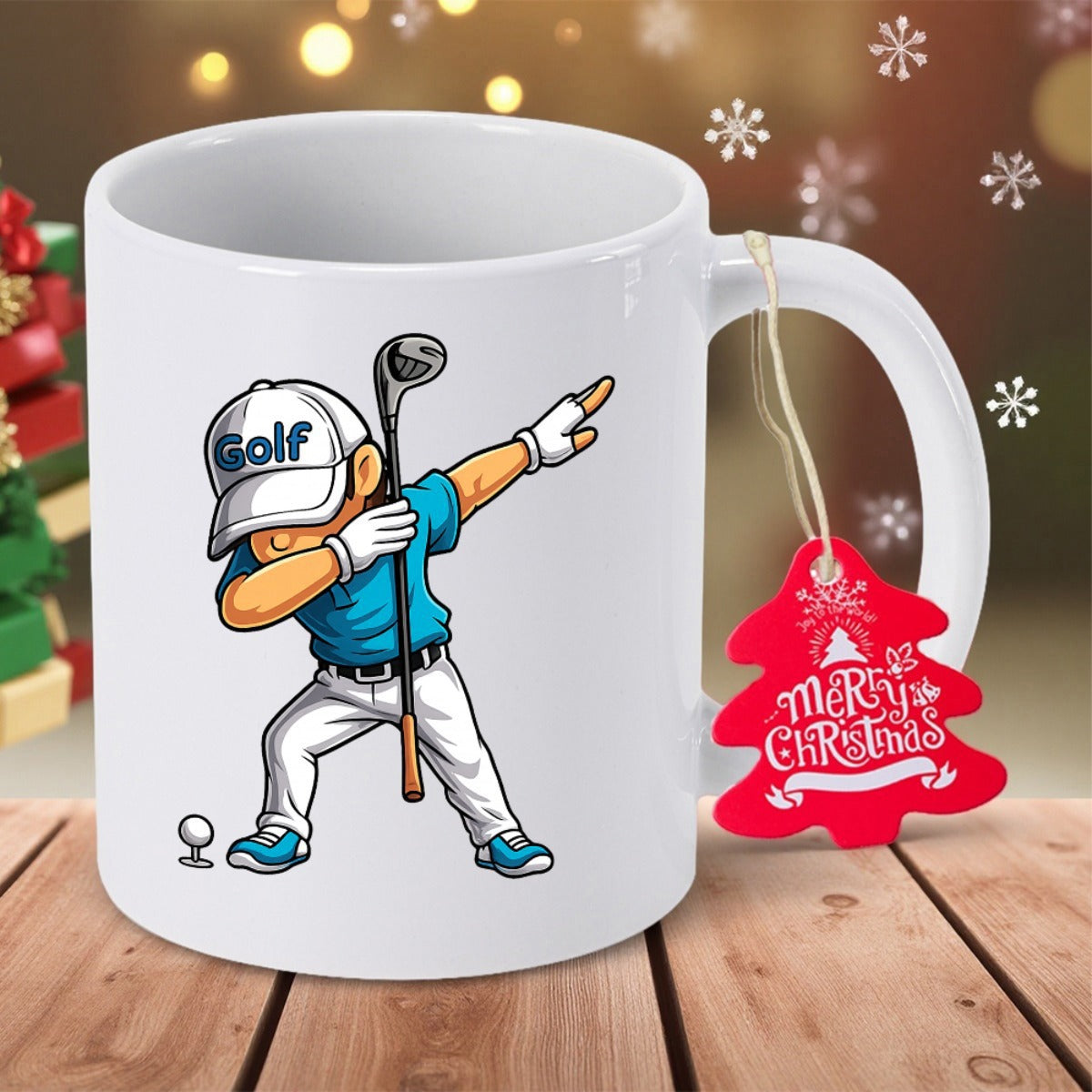 Tailorly White Ceramic 11 oz Mug - Golf Young Boy In Athletic Clothing Performing Dynamic Victory Dab Pose Golfer