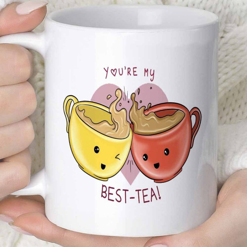 Tailorly White Ceramic 11 oz Mug - Youre My Best Tea Two Cute Anthropomorphic Cups Clinking With Tea Splashes Over Heart Cup