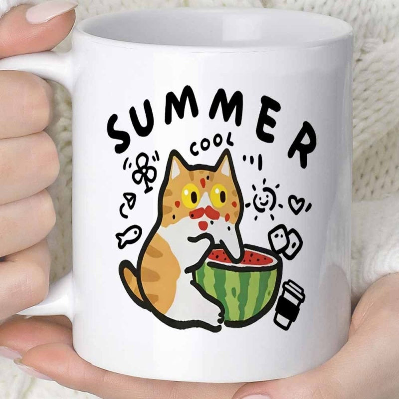 Tailorly White Ceramic 11 oz Mug - Summer Cool Playful Orange Tabby Eating Sweet Watermelon Slice Surrounded By Sunny Summer Doodles Cat
