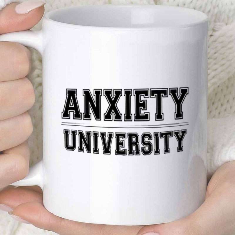 Tailorly White Ceramic 11 oz Mug - Anxiety University Bold Collegiate Style Lettering With Double Decorative Horizontal Lines Slogan