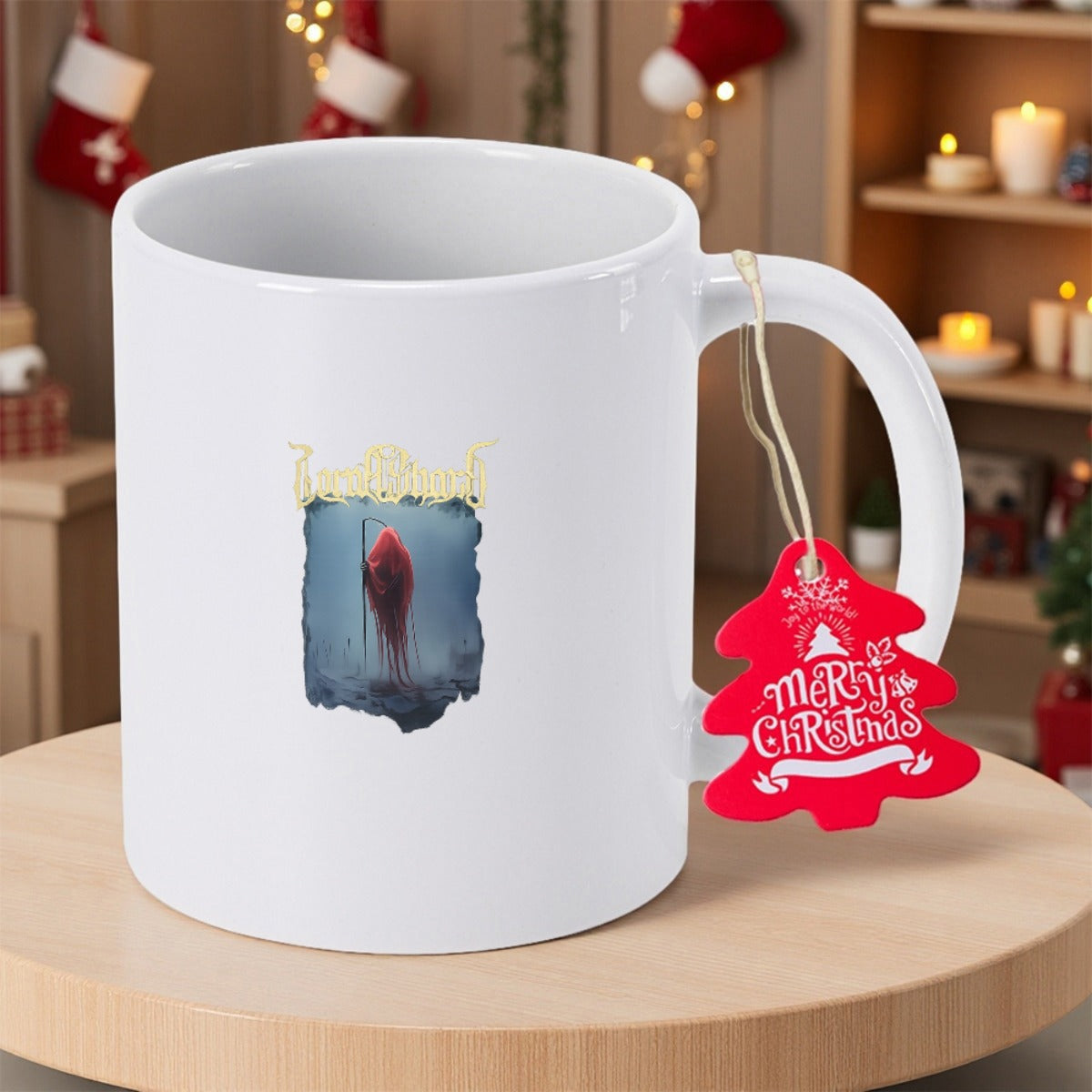 Tailorly White Ceramic 11 oz Mug - Merry Christmas Mysterious Red Robed Figure Wandering Through Dark Misty Forest Scenery Hooded Figure