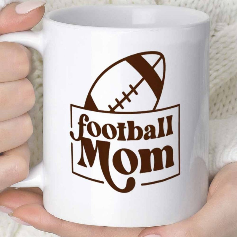 Tailorly White Ceramic 11 oz Mug - Football Mom Classic Brown Retro Style Ball Inside Simple Framed Square Border Football
