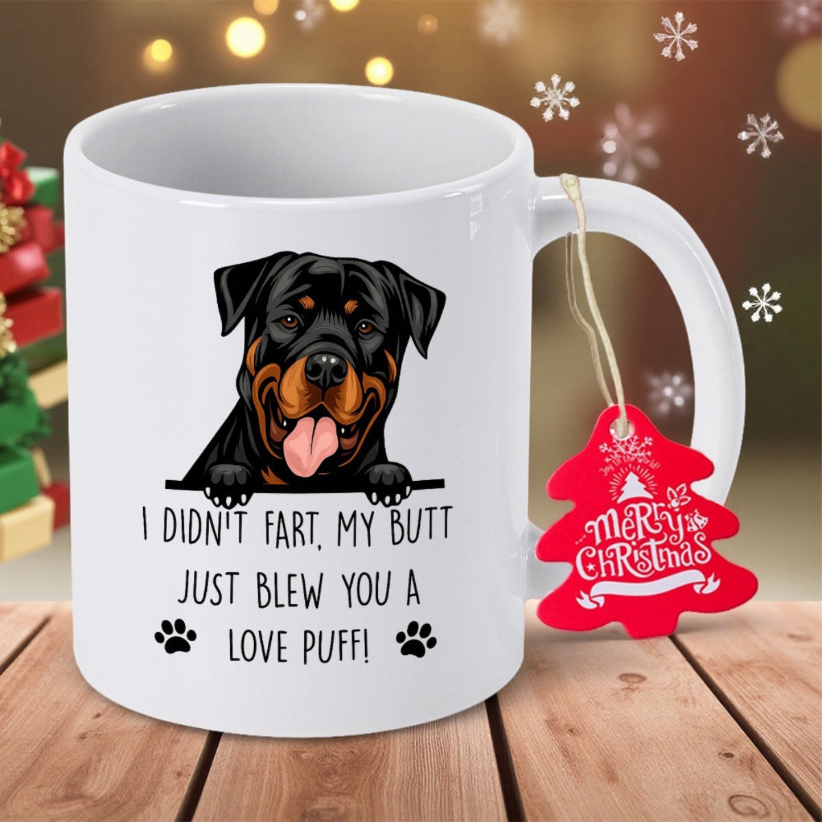 Tailorly White Ceramic 11 oz Mug - I Didn't Fart My Butt Just Blew You A Love Puff Smiling Peeking Rottweiler Dog Among Decorative Paw Prints On White Surface