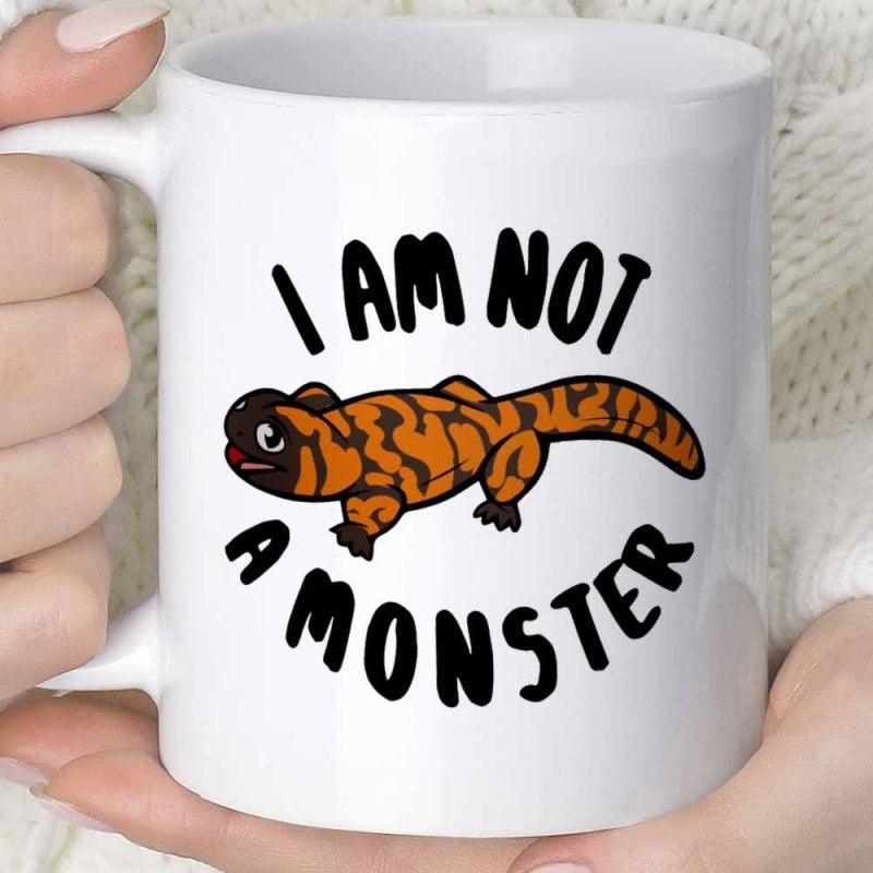 Tailorly White Ceramic 11 oz Mug - I Am Not A Monster Striped Orange And Black Reptile Crawling Across A White Surface Lizard