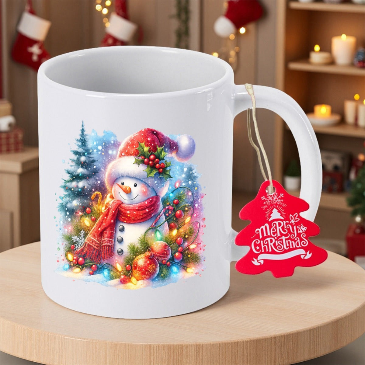 Tailorly White Ceramic 11 oz Mug - Merry Christmas Festive Watercolor Winter Scene With Sparkling Lights And Evergreen Trees Snowman