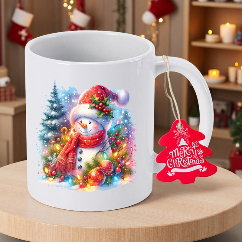Tailorly White Ceramic 11 oz Mug - Merry Christmas Festive Watercolor Winter Scene With Sparkling Lights And Evergreen Trees Snowman