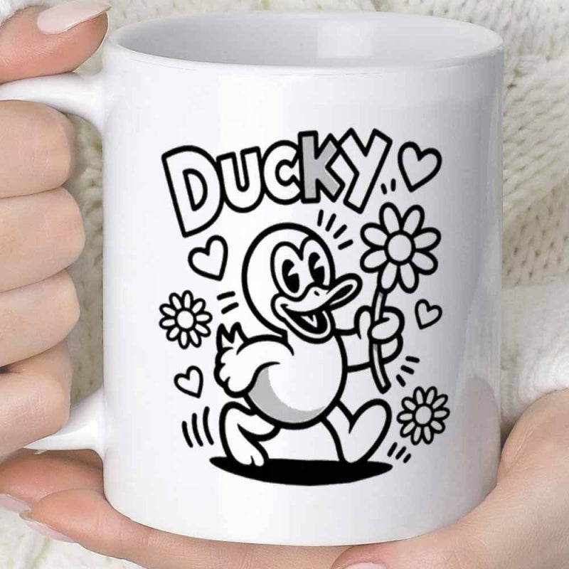 Tailorly White Ceramic 11 oz Mug - Ducky Vintage Cartoon Style Holding A Blooming Flower Among Small Floating Hearts Duck