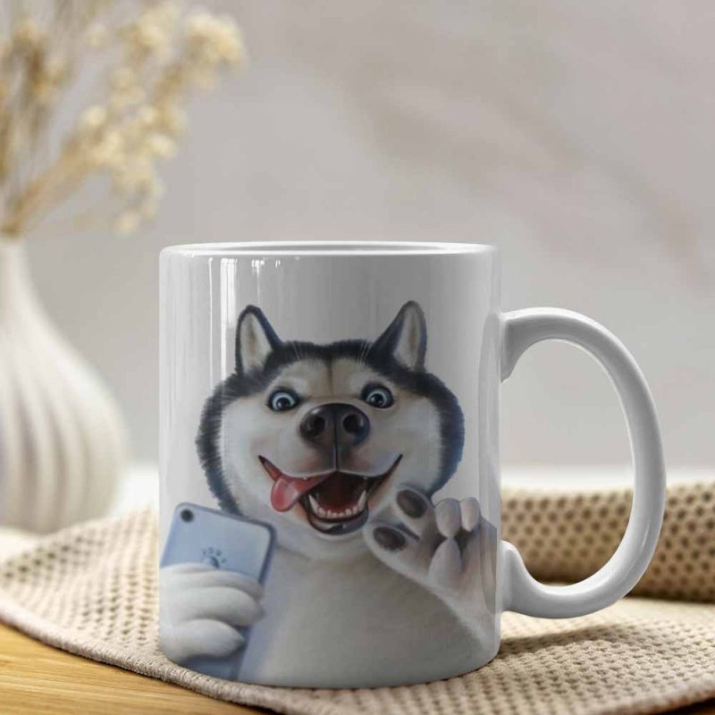 Tailorly White Ceramic 11 oz Mug - Funny Expressive Animated Dog Taking A Selfie With A Smart Phone Husky