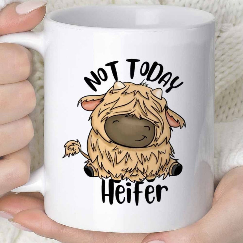 Tailorly White Ceramic 11 oz Mug - Not Today Heifer Adorable Fluffy Cartoon Highland Cow Sitting With Small Horns And Tail Cow