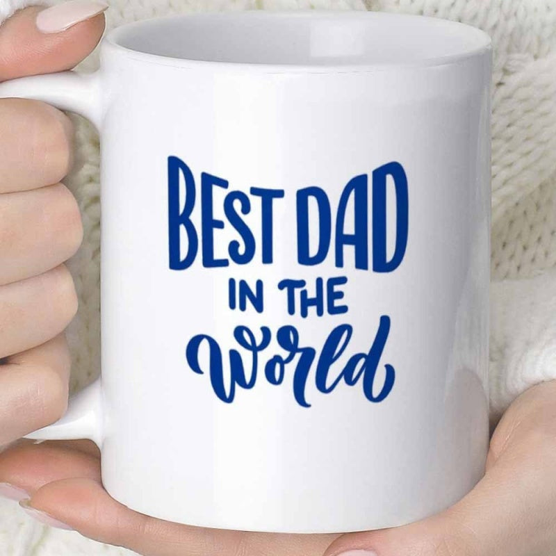 Tailorly White Ceramic 11 oz Mug - Best Dad In The World Bold Blue Artistic Script On Clean